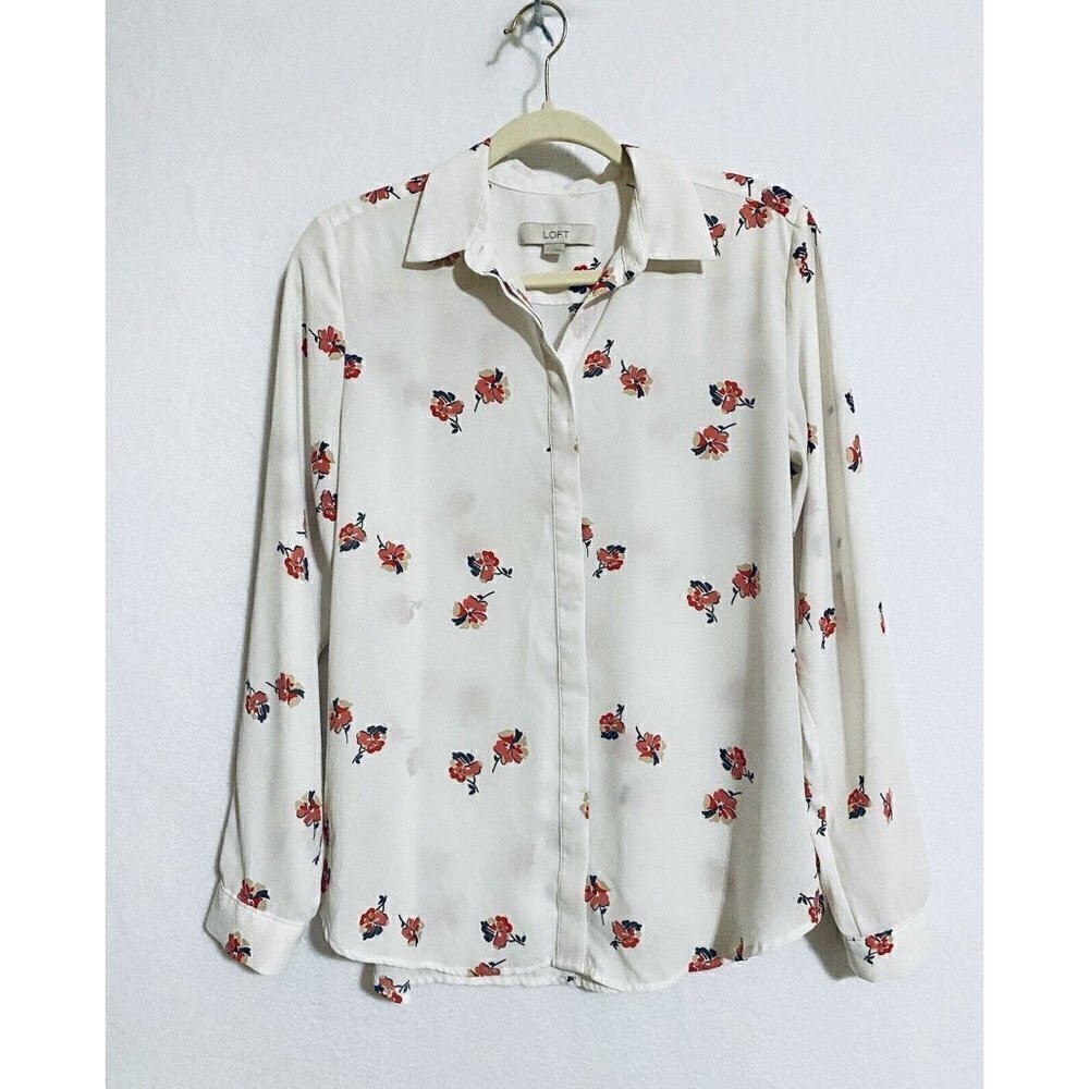 LOFT Womens Small White Button Up Top Roll Tab Long Sleeves Pink Floral Print